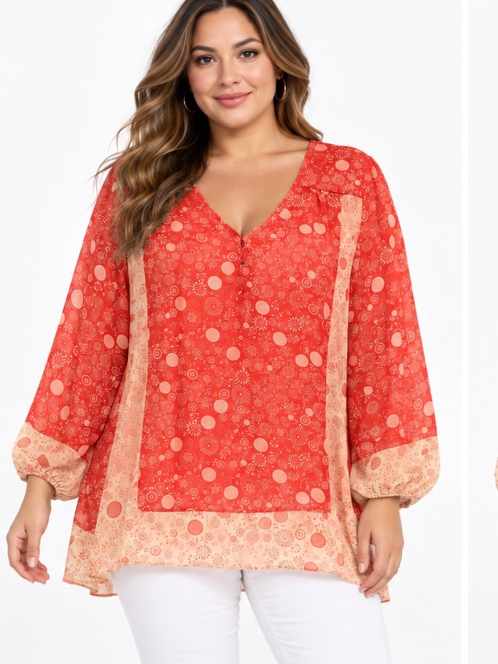 Umgee sheer Printed V-Neck long sleeves Tunic/top 1XL